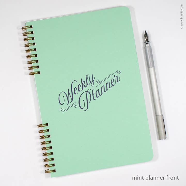 Weekly Planner with Mint Cover and Navy Script Design (#492) for wholesale by Inkello Letterpress