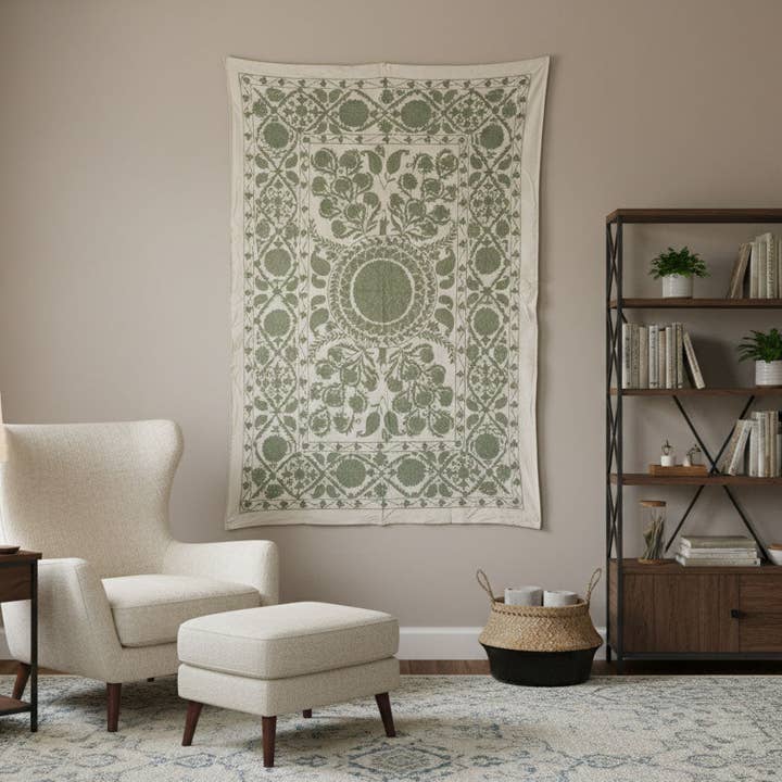 Sage Paisley Hand-Embroidered Suzani Throw for wholesale by De-cor