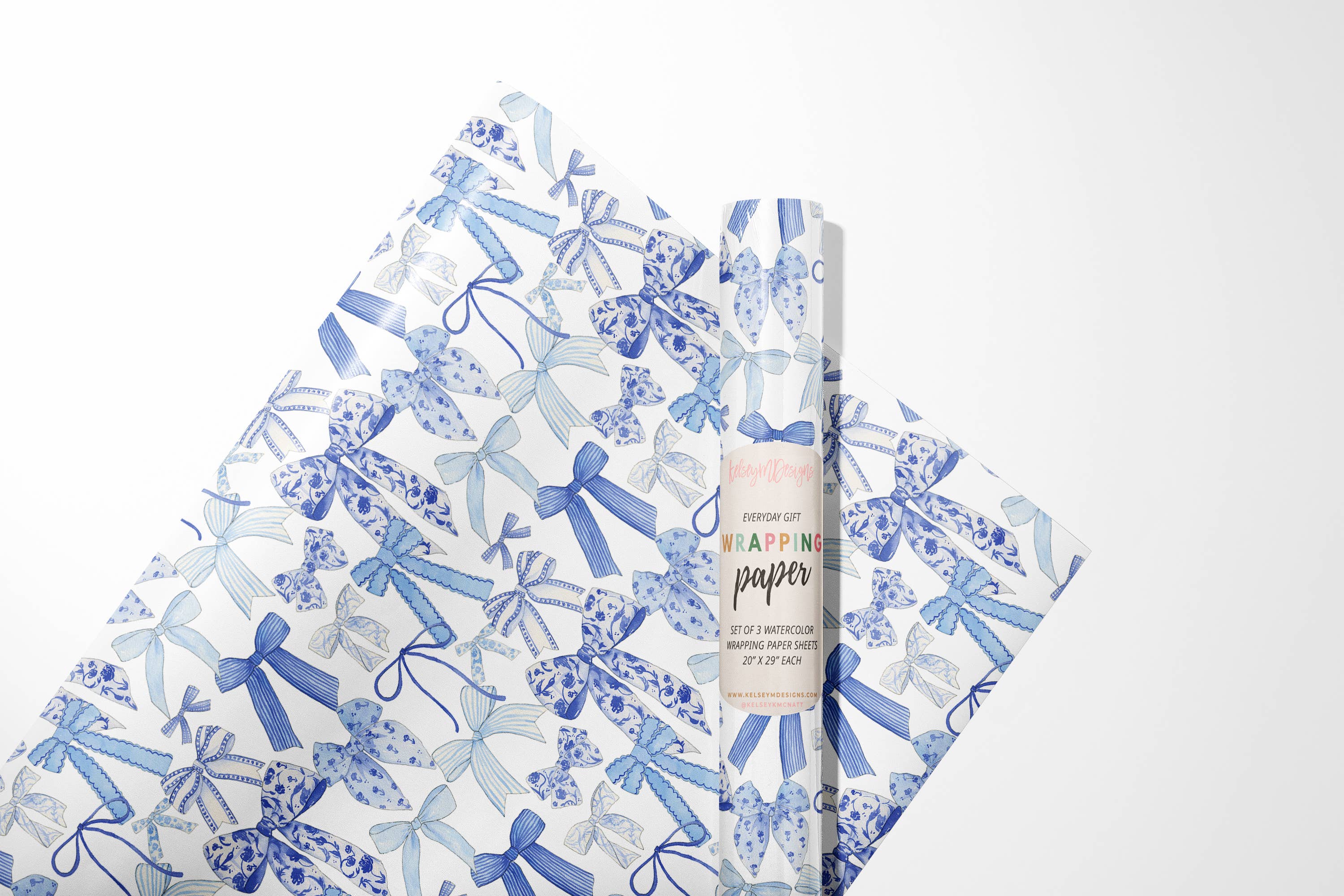KelseyMDesigns - Wholesale Wrapping Paper Roll - Blue Bow, Chinoiserie Bow Wrapping Paper - 3 Sheet Roll0