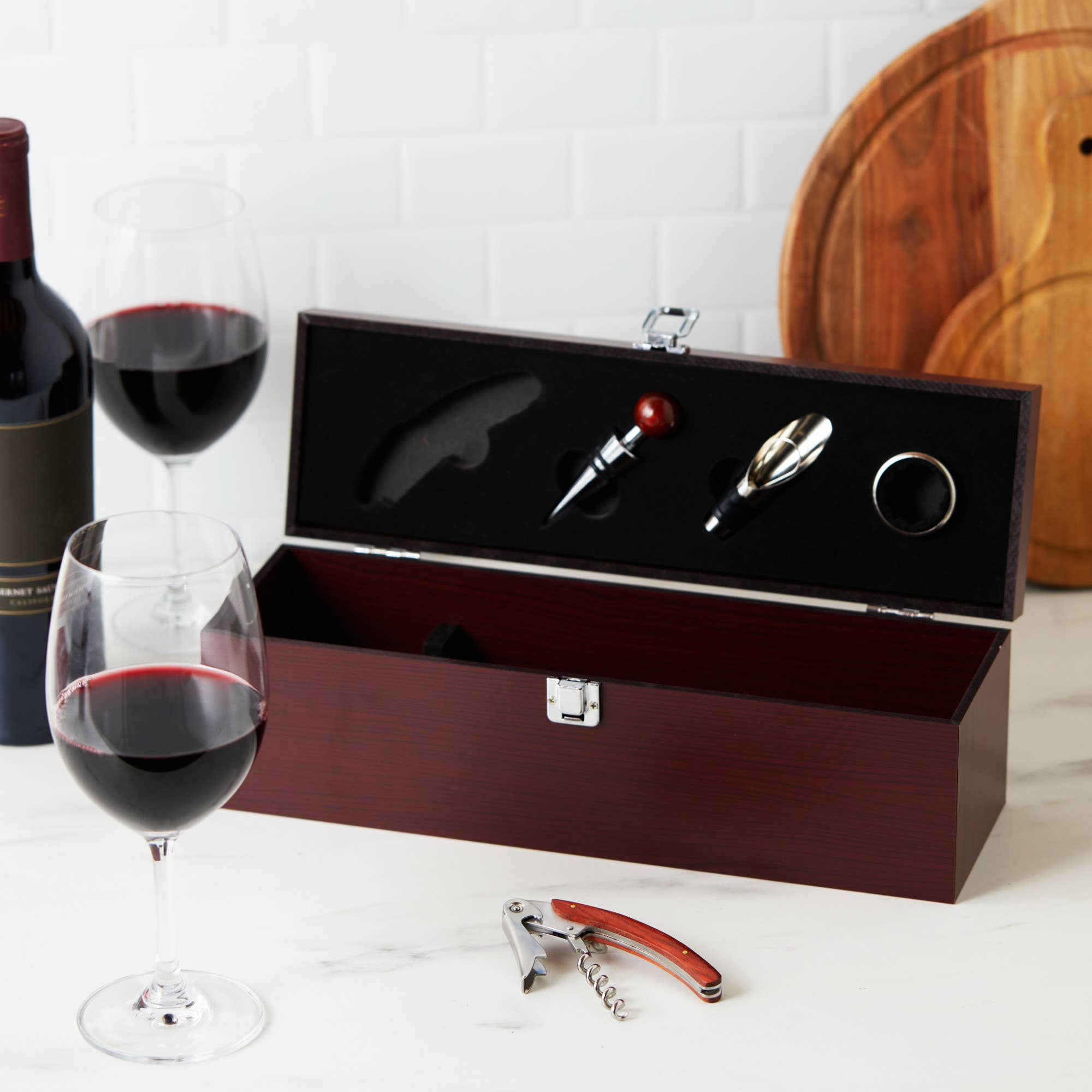 TRUE - Wholesale Wine Tool Set - Cherry Padded Wooden 1 Bottle Gift Box with 4 Wine Tools1
