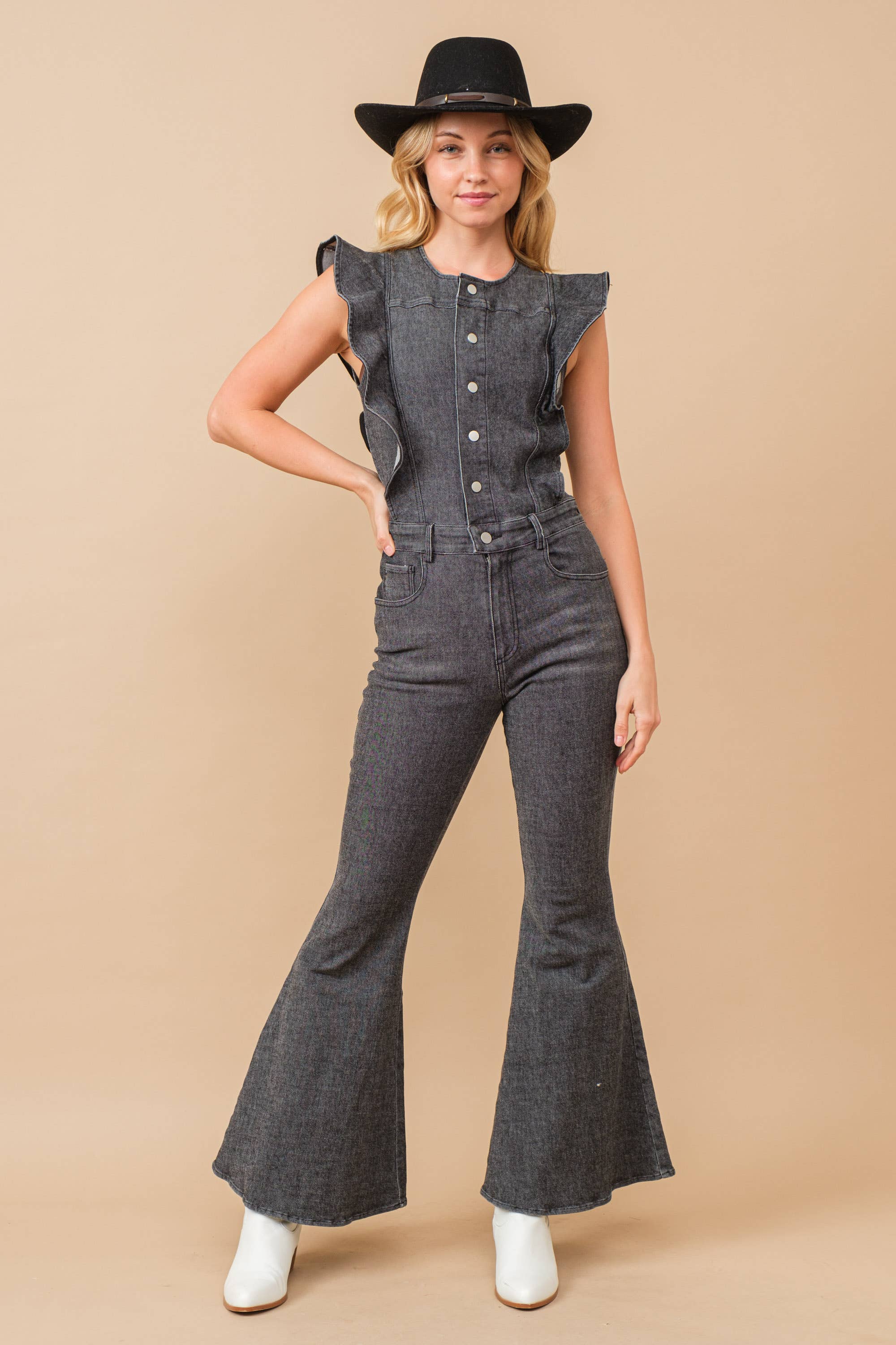 Blue B - Vendita all'ingrosso Tuta intera - Donna - 22646R - Tuta in denim SLV con bottoni e fondo a campana12