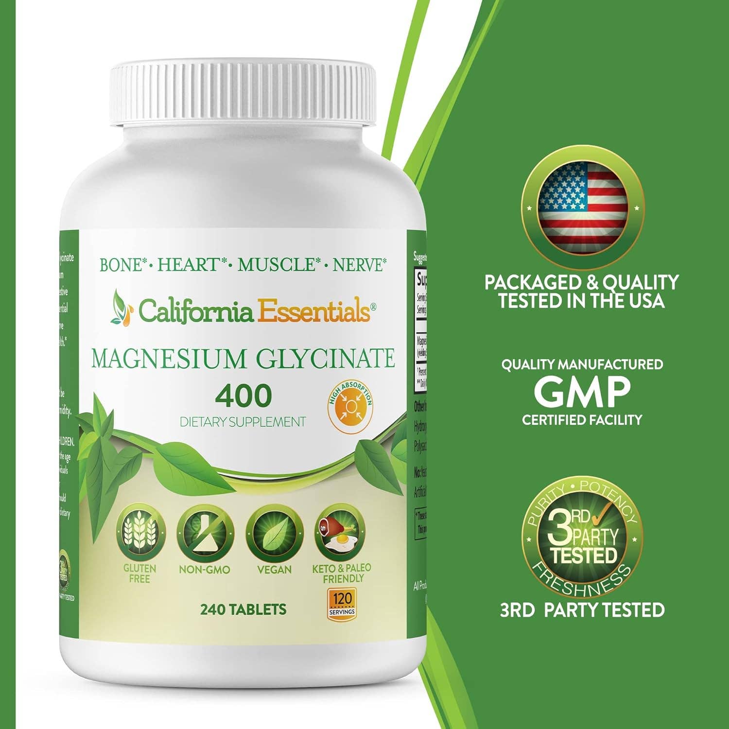California Essentials - Venta al por mayor Suplementos/vitaminas para beber - Glicinato de magnesio 400 - Quelado, Vitamina de Alta Absorción8