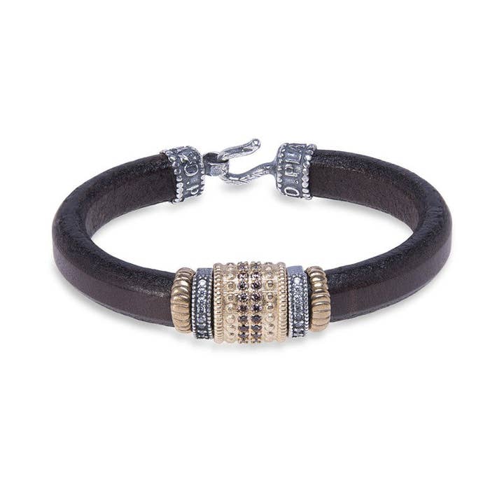 Leather bracelet with 925 silver pieces, bronze, brown and white zircons for wholesale by PLATADEPALO
