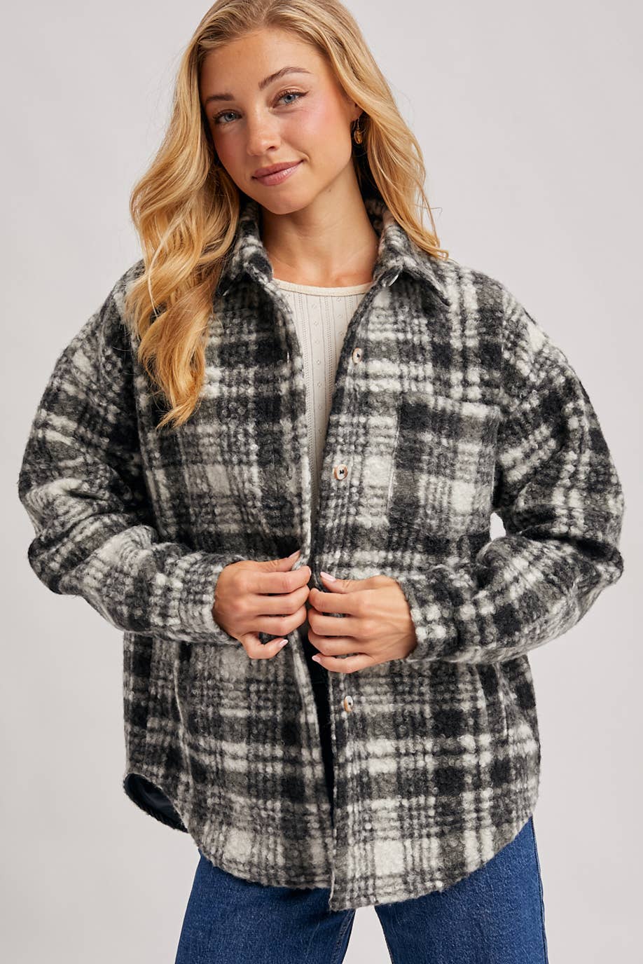 Bluivy - Wholesale Shirt Jacket/Shacket - Women's - BUTTON DOWN BOUCLE PLAID SHACKET WITH POCKETS1
