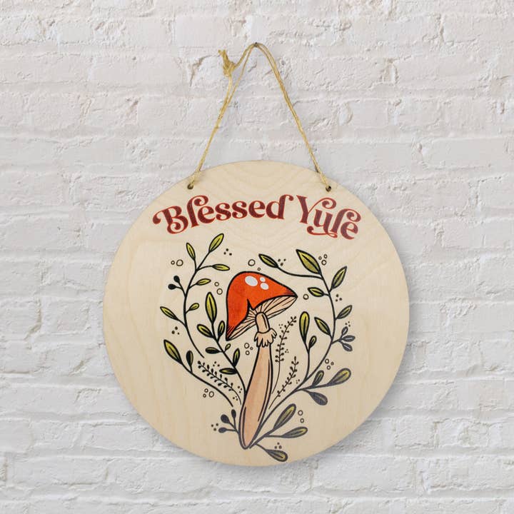 Blessed Yule mushroom sign for wholesale by Standish House