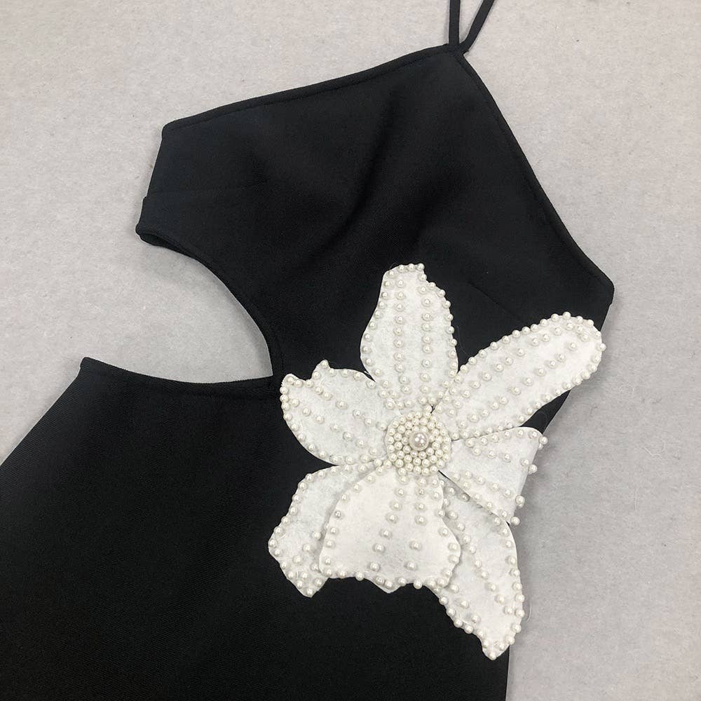 Noir Robe mi-longue à dos nu à motif floral DR298 en vente sur Faire9