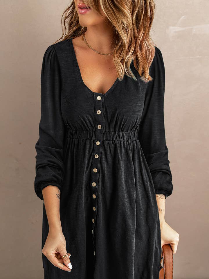 Button Up High Waist Long Sleeve Dress for wholesale by Threaded Pear