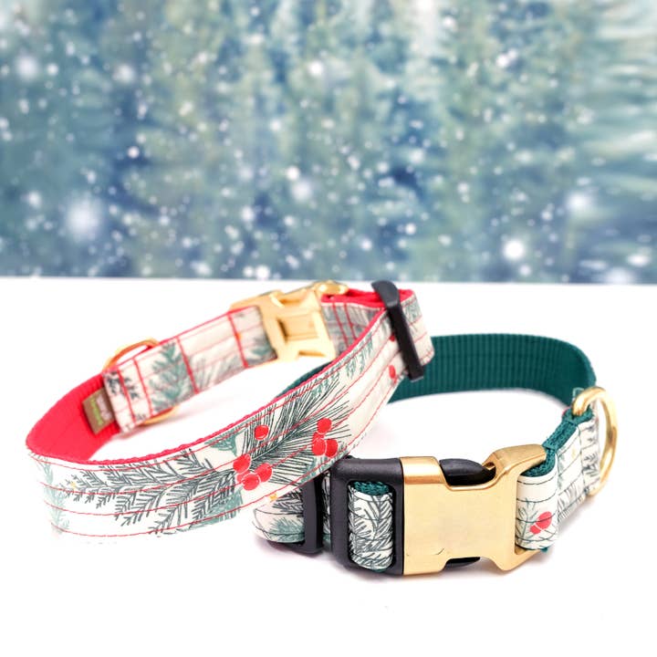 Winter Berry Holiday Laminated Cotton Dog Collar for wholesale by Mimi Green