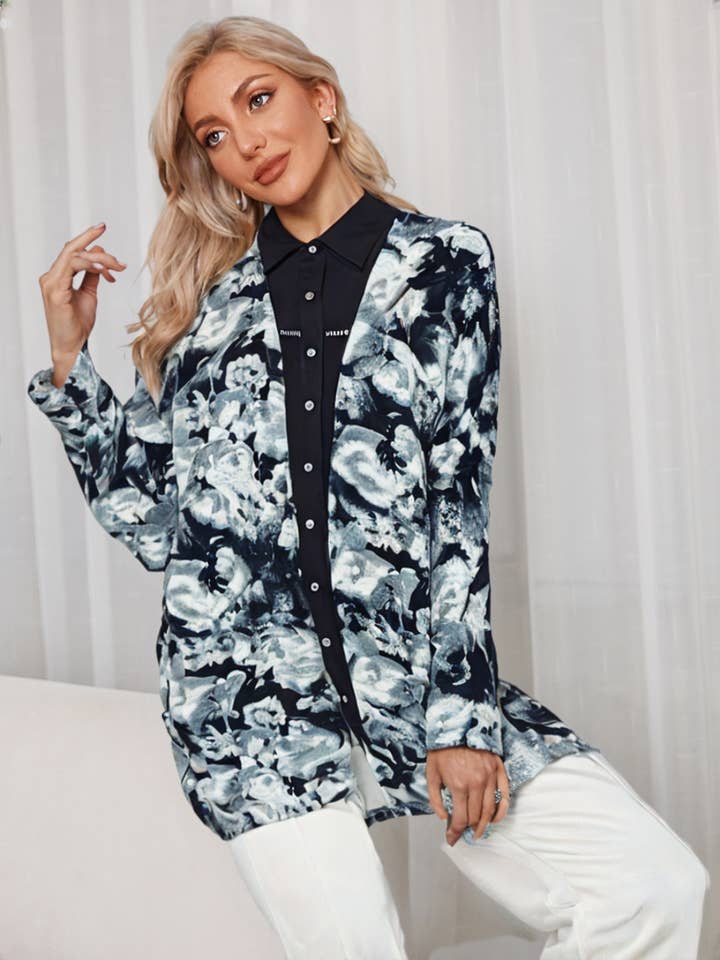 VJ90578-Cardigã Comprido de Malha com Estampa Floral por atacado de VERY J