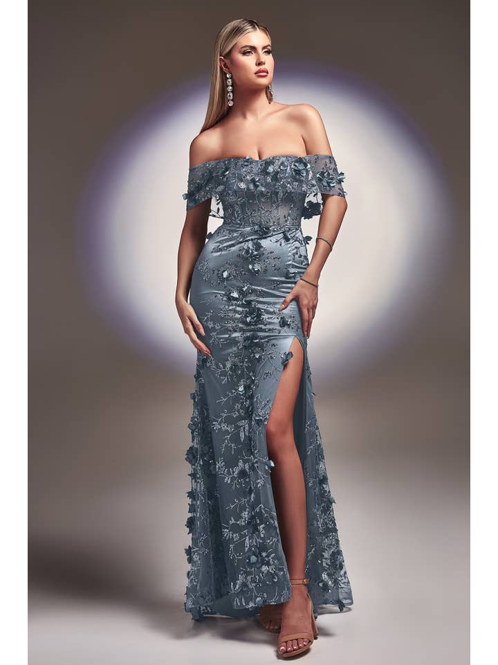Ladivine by Cinderella Divine - Wholesale Gown - Women's - FLORAL PRINT FITTED OFF THE SHOULDER GOWN