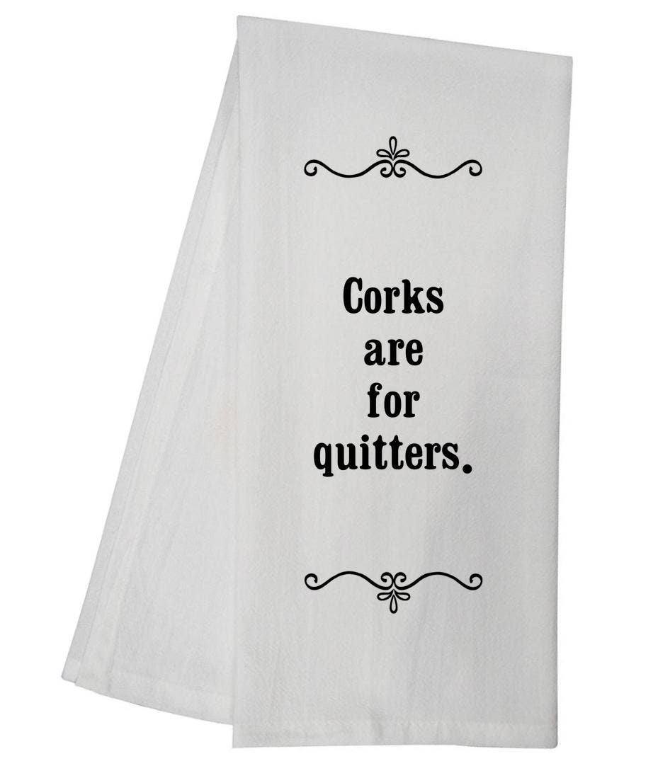 White Corks Quitters Tea Towel GGTT199 for wholesale on Faire