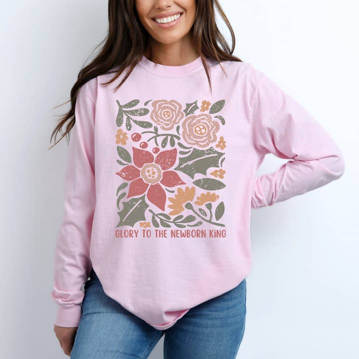 Scripted Pearl - Wholesale Screen Printed T-Shirt - Women's - Glory To The Newborn King Floral Long Sleeve Christmas Tee