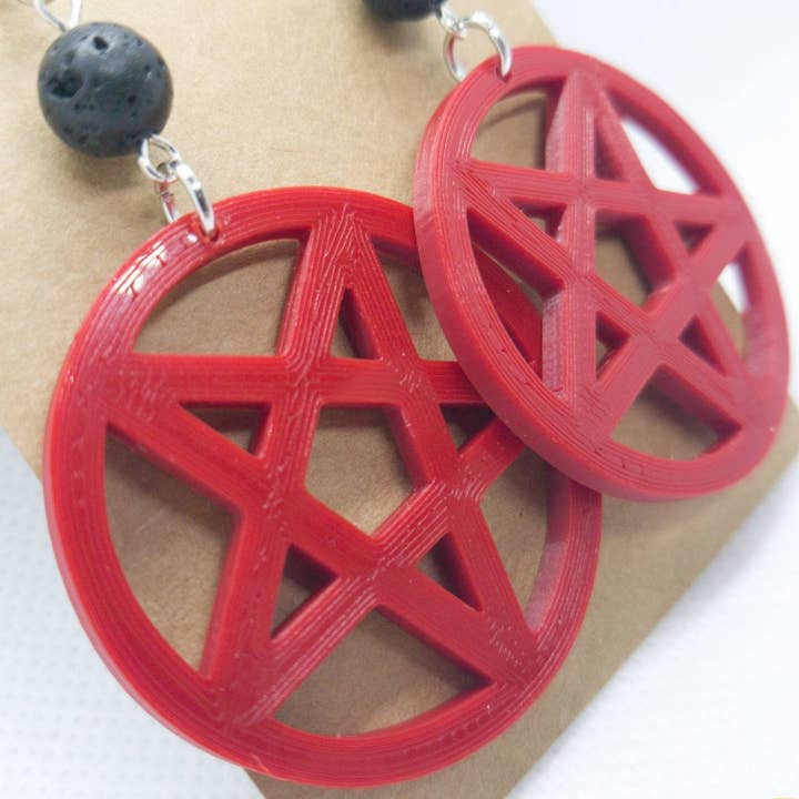 Red Pentagram Lava earrings Satanic Witch | Halloween, goth, pastel goth, cute, kitschy for wholesale by Dot's Cuties