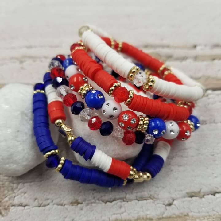 4th of July Heishi Patriotic Braclet Set Of 6 for wholesale by Treasure Wholesale