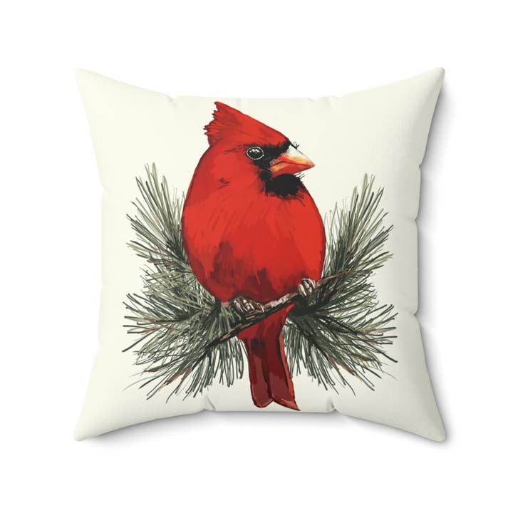 Kardinal auf einem Kieferzweig Kissen — Rotvogel Feiertagswurf für den Großhandel von Blue Cava