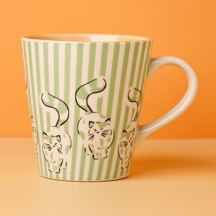 Cat Stripe Coffee Mug- Green ,  4.7 X 3.3 x 3.70 Inches   for wholesale by Casa Amarosa