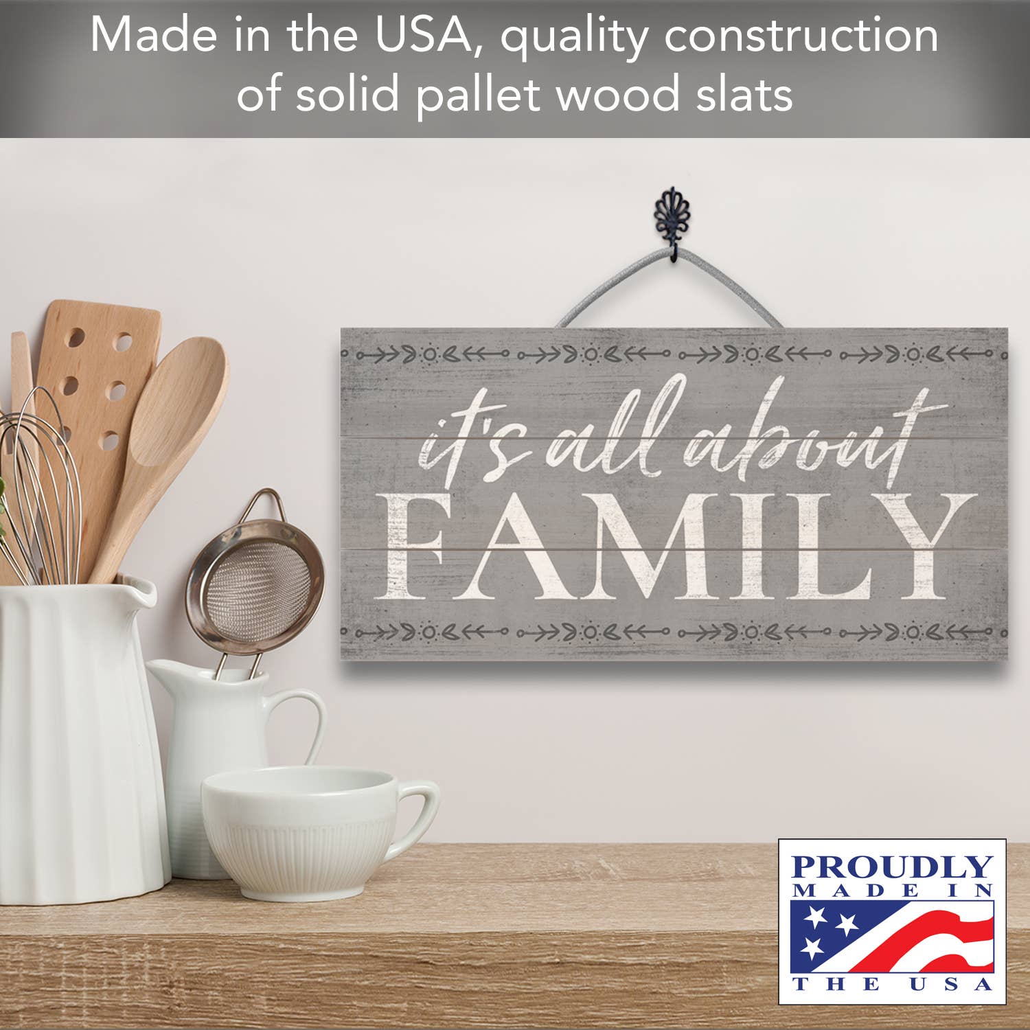 CounterArt/Highland Home/Thirstystone – Großhandel Schilder – Holzschild „All About Family“ aus Lattenholz, 30,5 x 15,2 cm2