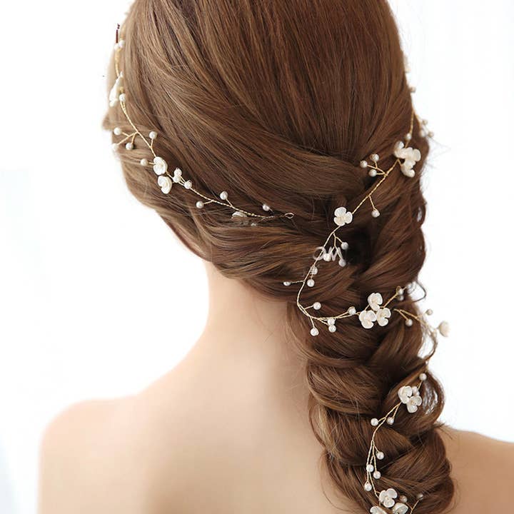 LanLivia - Venta al por mayor Conjunto de accesorios para el pelo - Mujer - Romántica enredadera de pelo de novia con flores blancas de nácar hecha a mano