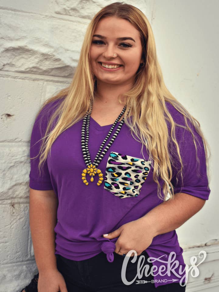Over-Sized Indigo Tee with Multi Color Leopard Pocket for wholesale by Cheekys Brand