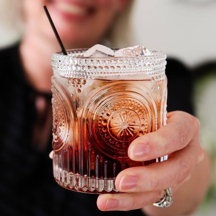 Kate Aspen - Wholesale Cocktail/liquor glass - 10 oz. Ribbed Retro Arch Floral Clear Drinking Glasses (Set of 6)3