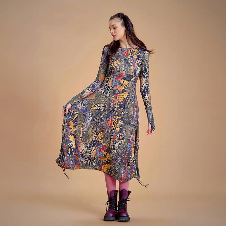 Los Banditos - Wholesale Dress - Women's - Boat Neck Thumb Hole Side Strings Brown Pattern Boho Dress
