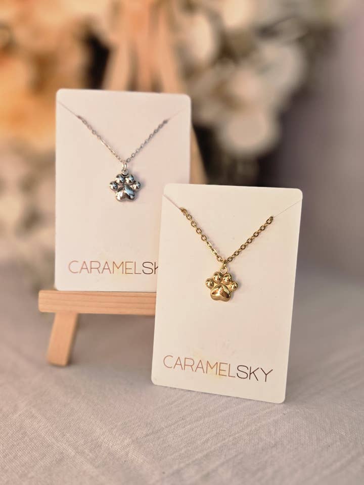 Paw Print Necklace – Gold or Silver Finish, Pet Lover's Gift for wholesale by Caramel Sky