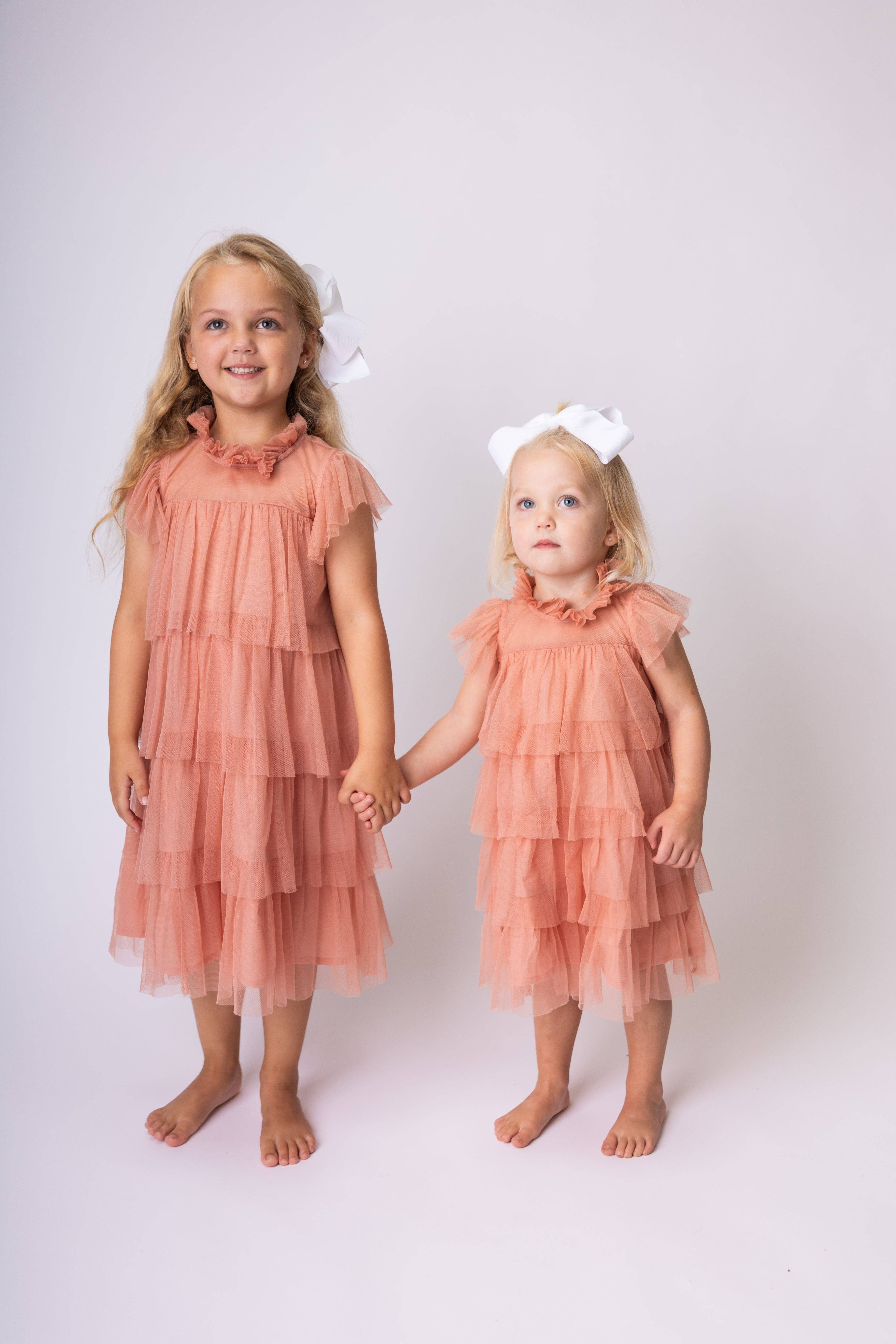 Yo Baby – wholesale Dress – Kids – Dark Pink Tulle Solid Color Neck & Sleeve Ruffled Tiered Dress0