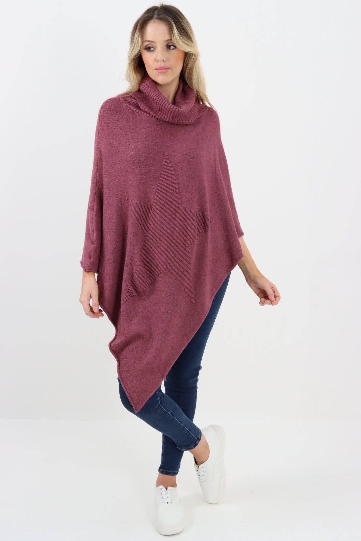 Miss Bold – Engroshandel Poncho - Dame – Italiensk strikket lagenlook poncho med stjernemønster og rullekrave33
