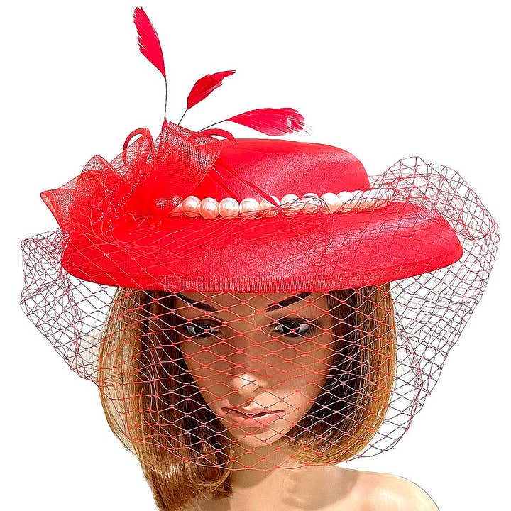 Diacly - Wholesale Fascinator Hat - Women's - Front Veil Bold Pearls Satin Fascinator Hat