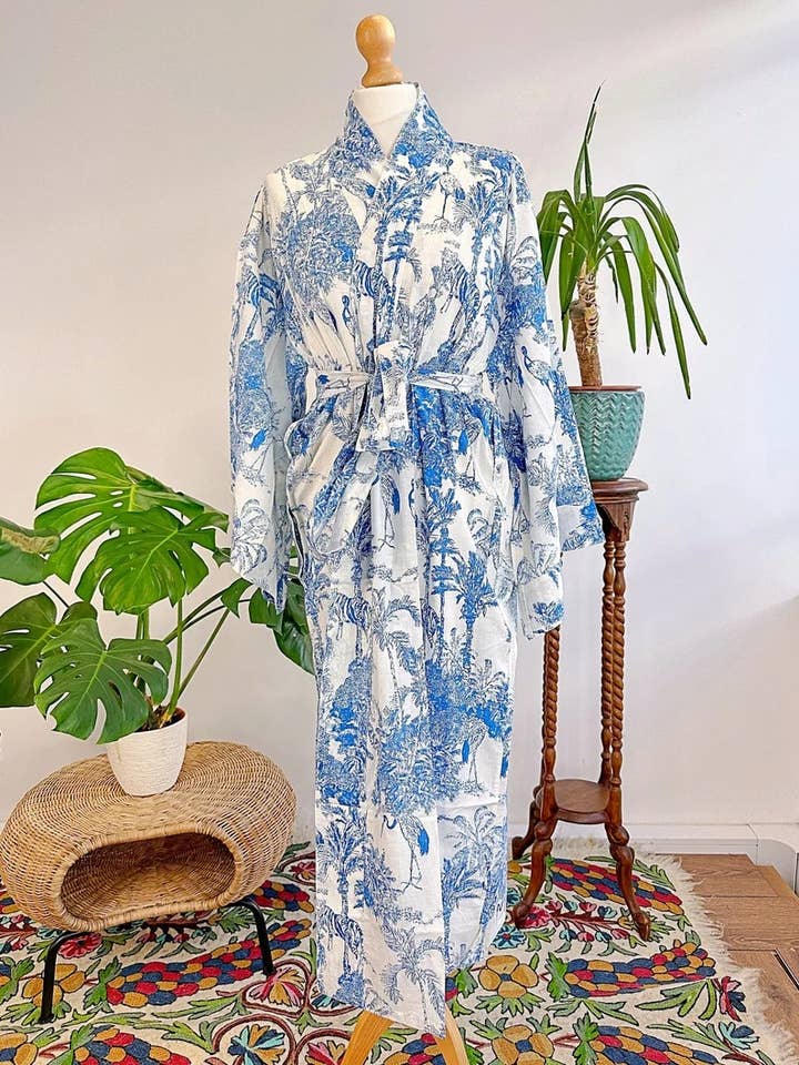 Pure Cotton Handprinted House Robe | Autumn Winter Christmas Vibe Kimono | Floral Coverup/Comfy Maternity Mom | White Blue Tropical Forest for wholesale by Essential Designs London