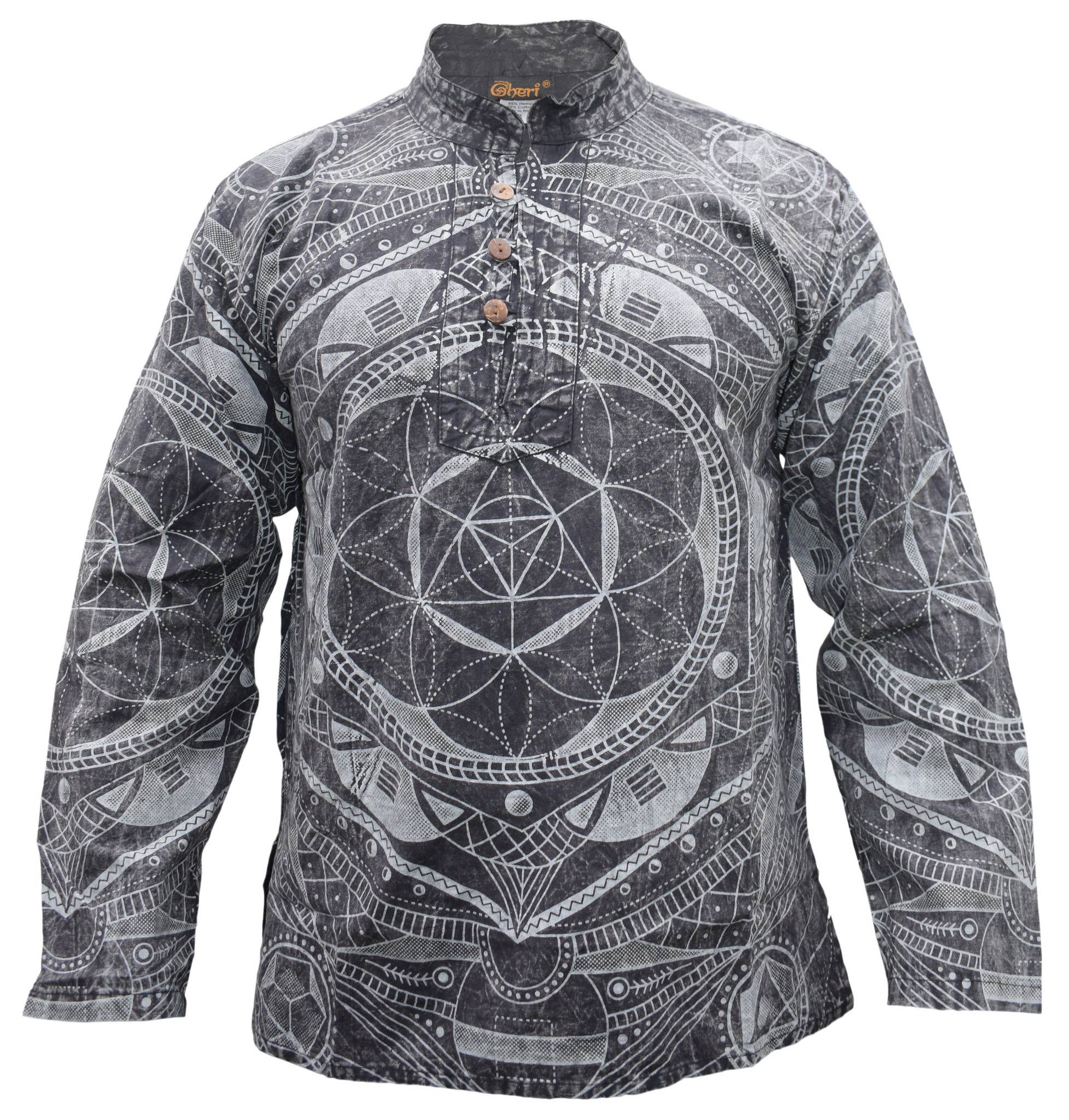 Gheri – wholesale Shirt – Unisex – Mandala Print Hemp Cotton Stone Washed Grandad Collar Shirt3