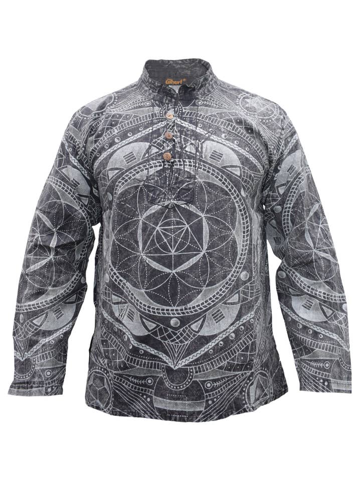 Gheri – wholesale Shirt – Unisex – Mandala Print Hemp Cotton Stone Washed Grandad Collar Shirt3