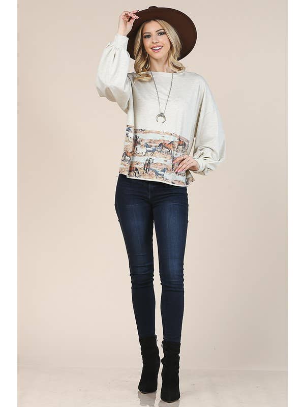 AVENA TOP DE FELPA FRANCESA CON ESTAMPADO DE CABALLOS AV1171-LISA de venta al por mayor en Faire2