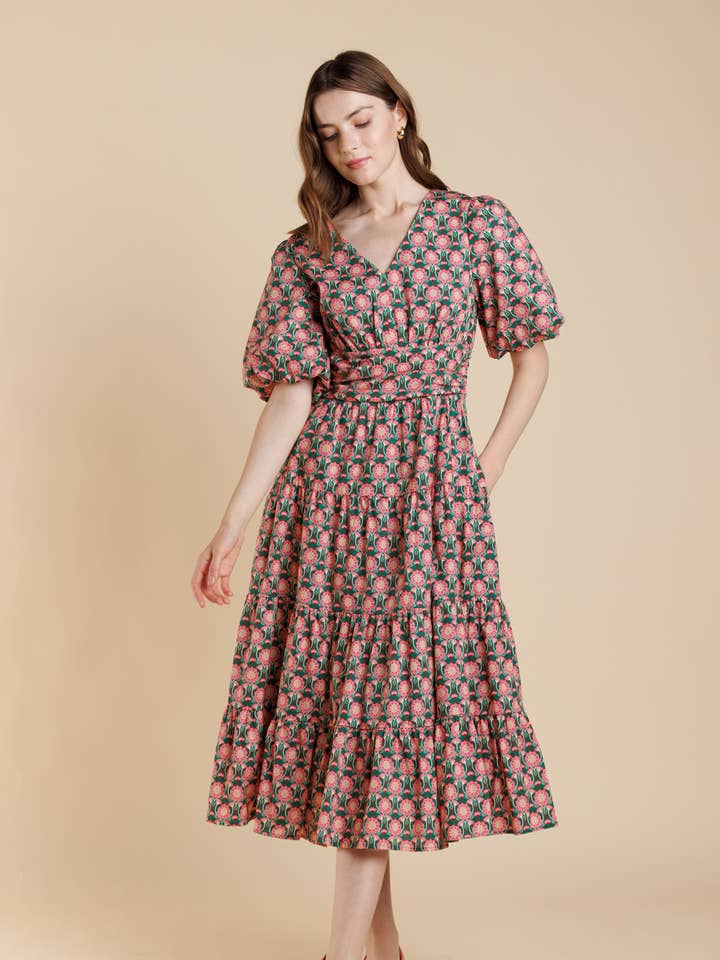 Cotton Floral Puff Sleeve V-Neck Cinched Waist Midi Dress for wholesale by A & SHE