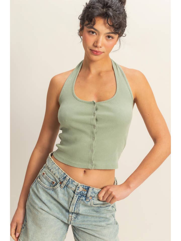 Halter Neck Buttoned Washed Tank Top for wholesale by HYFVE