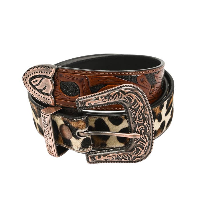 Leather Impressions Inc - Wholesale Belt - Women's - Mixed media leopard print tooled leather belt #ABB 001
