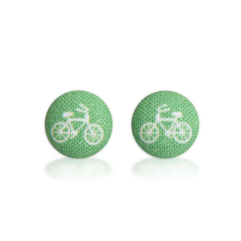 Rachel O's - Wholesale Stud/Post Earrings - Green Bikes Fabric Button Earrings4