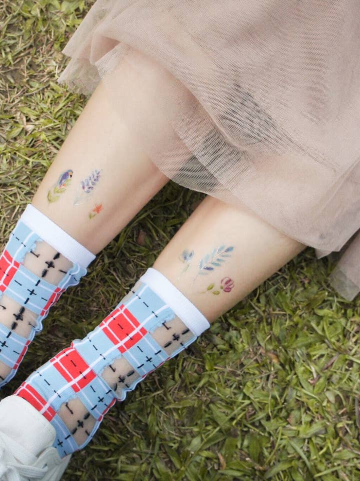 PAPERSELF - Wholesale Socks - Women's - Tartan Sheer Socks - Blue & Red