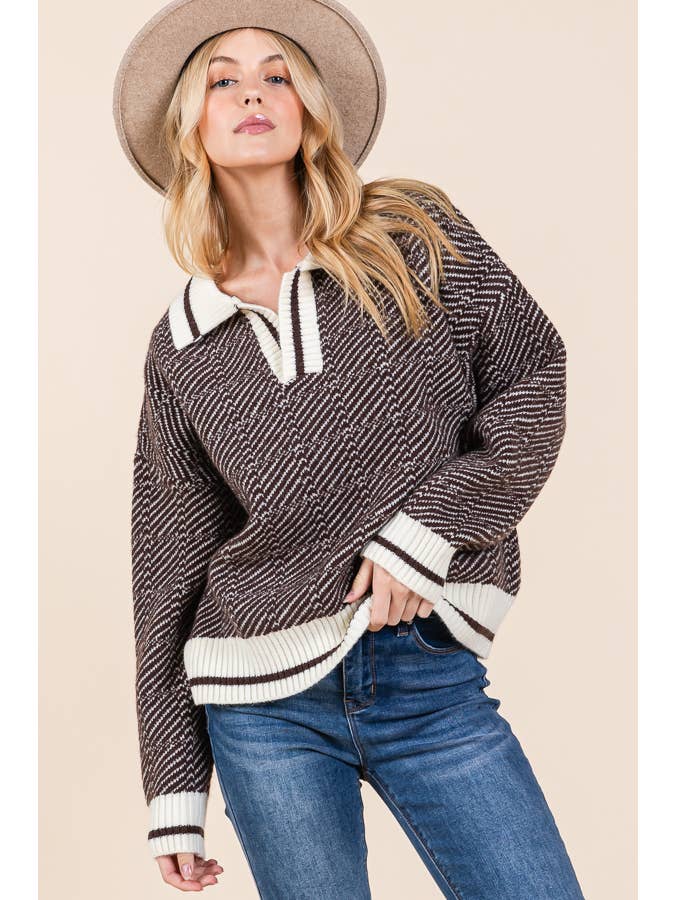 DK Brown Chevron Print Long Sleeve Collared Sweater (2024 FW) for wholesale on Faire
