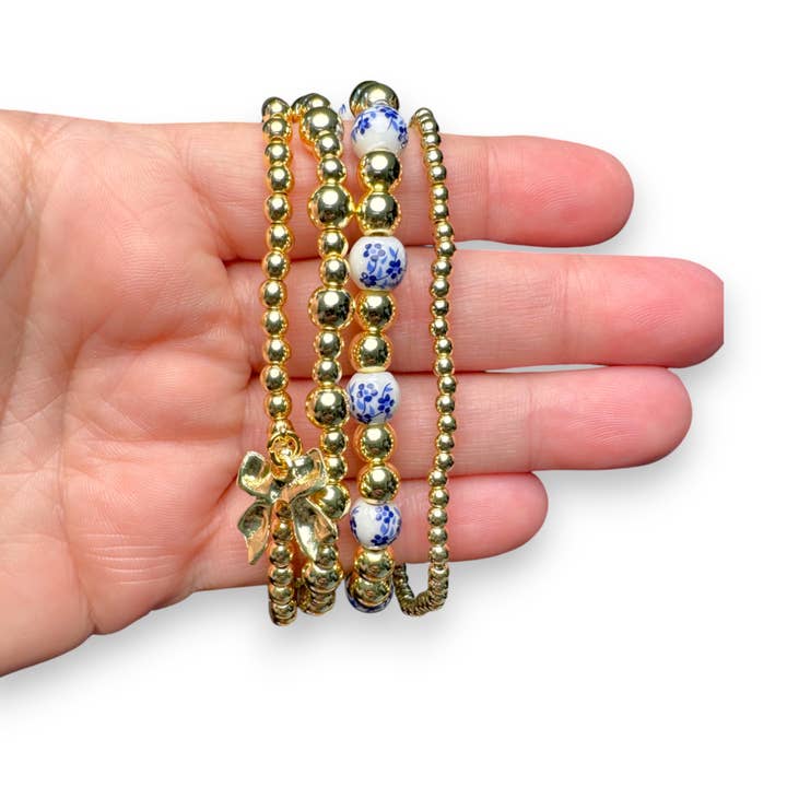 Fish Towne Designs, LLC - Wholesale Jewelry Set - Gold and Chinoiserie Beaded Bracelet Stack1