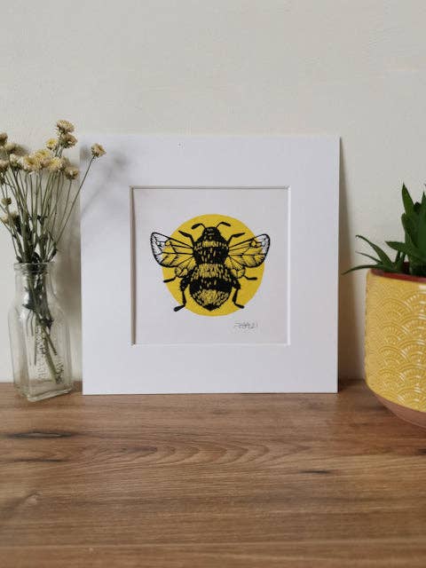 Bumblebee hand printed square Lino art print for wholesale by Jackdaw and Bear
