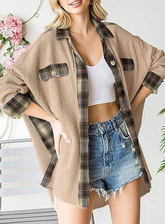 Queen Fashion – wholesale Jacket – Women's – sleeve top melliflo waffle knit plaid shacket18