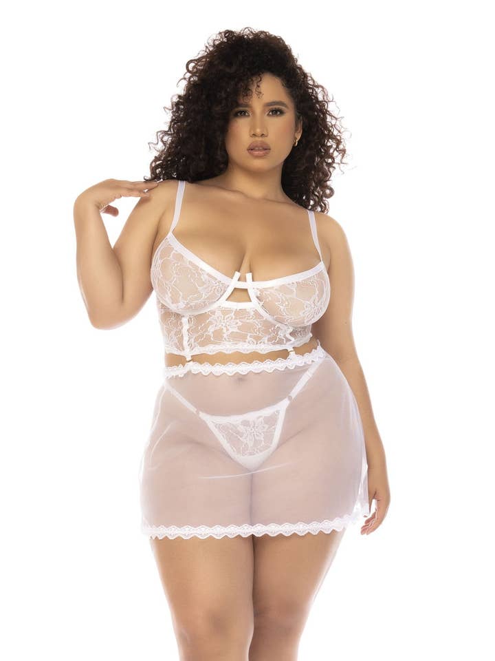 Blanc Nuisette et ensemble 2 pièces en dentelle et résille en vente sur Faire