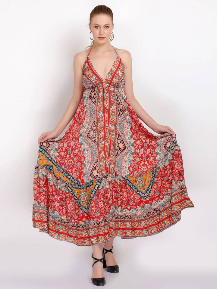 Women Deep V Halter Neck Printed Backless Long Casual Dress for wholesale by Wevez