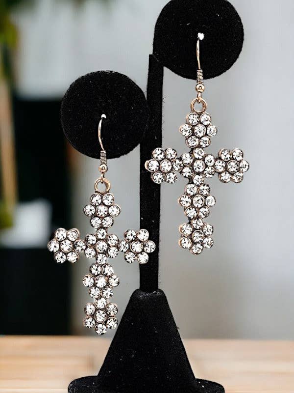 BOUCLE D'OREILLE GOUTTE CROIX AVEC ACCENT FLORAL pour la vente par Andrea Bijoux