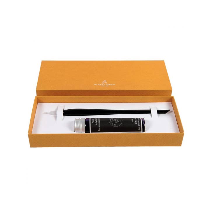 Jacques Herbin Prestige Gift Set Black Glass Pen and 15 mL Noir Abyssal (Black) Ink for wholesale by Carte Blanche
