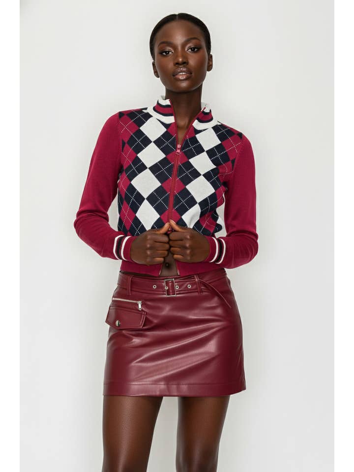 5besties inc - Wholesale Cardigan - Women's - ARGYLE ZIP-UP SWEATER CARDIGAN6