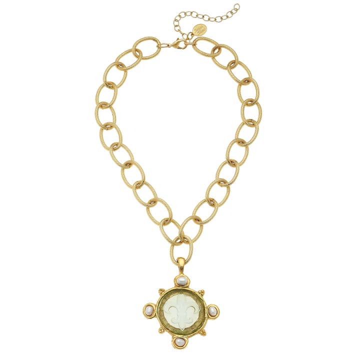 Clear Venetian Glass Fleur De Lis Intaglio and Genuine Freshwater Pearls on Chain Necklace for wholesale by Susan Shaw