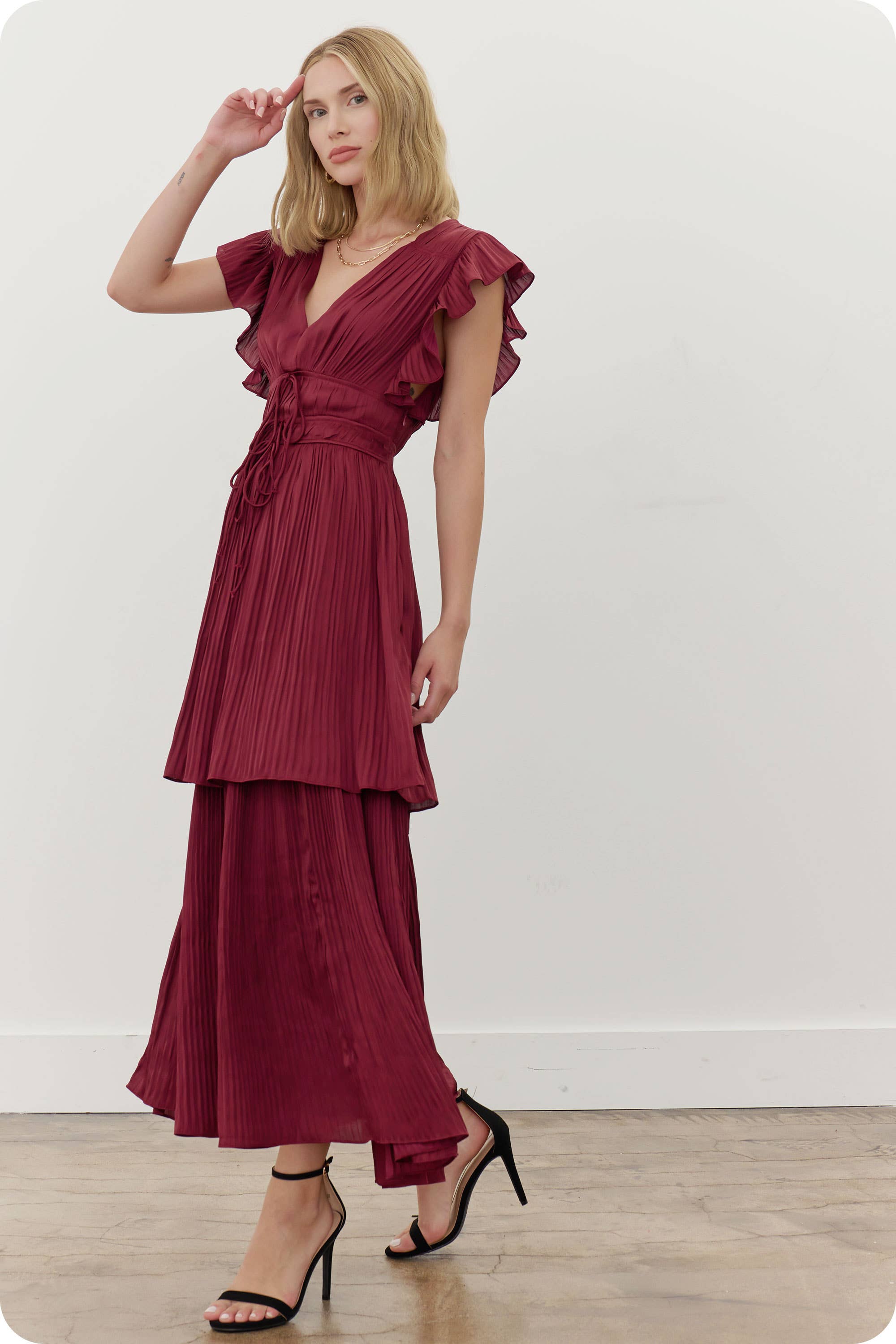 Strut & Bolt – wholesale Dress – Women's – Ruffled Pleated Satin Long Dress16