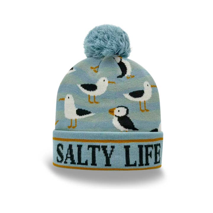 Northern Icons Creations INC - Vente Bonnet – femme - Bonnet à pompon tricoté Salty Life Puffin & Seagull – Chapeau d'hiver océan côtier1